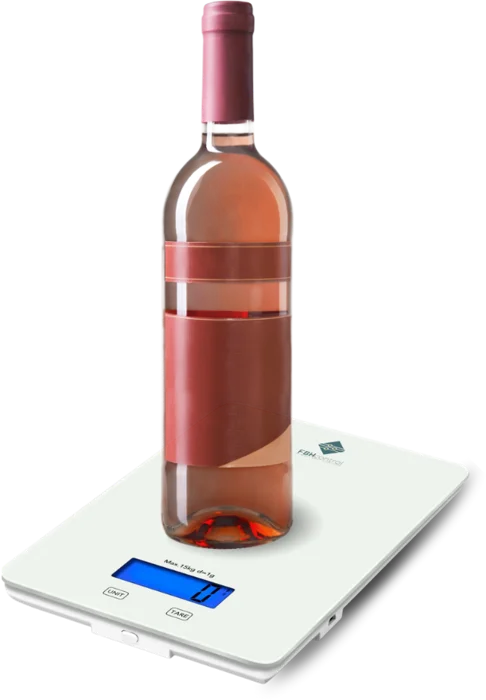 Bottle on a Bluetooth scale with the FBHcontrol logo
